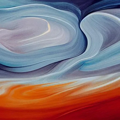 Prompt: dominated by swirling lines and shapes, evocative of the wind's power as it bears down on everything in its path. The colors could range from cool blues and grays to warm oranges and reds, representing the stormy summer morning 
