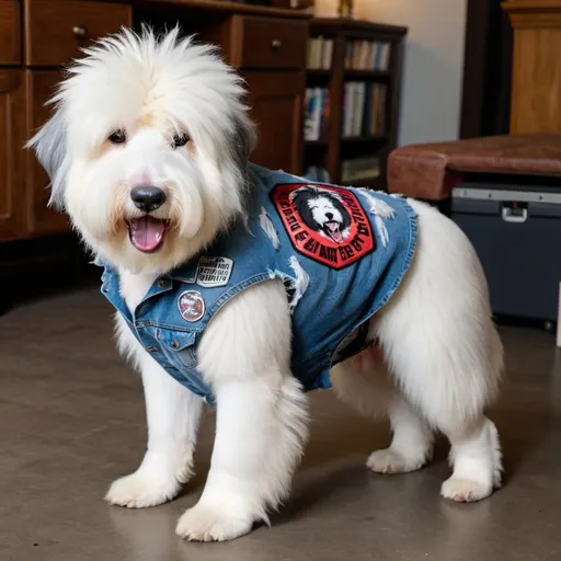 Prompt:  Old English Sheepdog wearing a heavy metal music denim vest with patches
