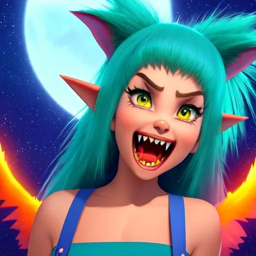 Prompt: Monster girl with long pointed ears growls baring her sharp teeth, pixar style