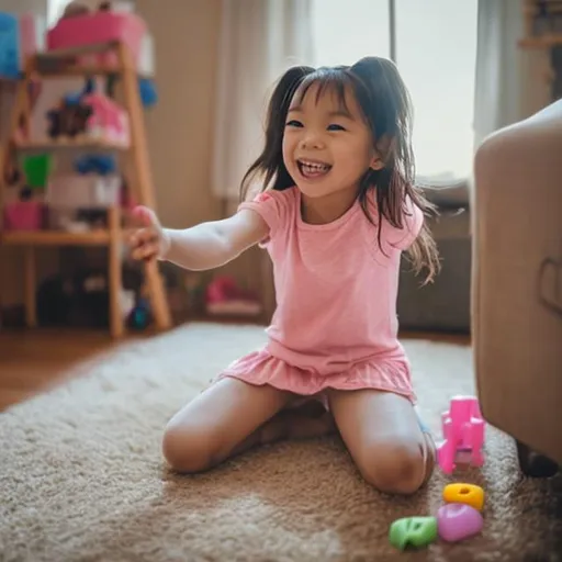 Prompt: A 5-year-old girl with an innocent smile playing at home