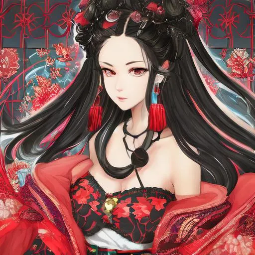 Prompt: 1 girl, masterpiece hyper realistic water color pastel mix, slender beautiful big body, hyperdetailed luxury pattern black red off the shoulder fluffy short kimono with garnet ornament, black string knots, flying hyperdetailed fluffy black long hair, stray hairs, beautiful detailed face, beautiful detailed red eyes, beautiful hyperdetail, candi background, high resolution high quality best resolution...