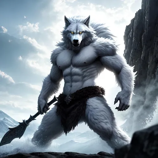 Prompt: landscape, UHD, 8K, highly detailed, panned out view of the character, visible full body, an unnatural grey-skinned menacing white werewolf in a battle stance resembling, transparent background