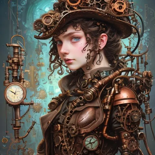 Prompt:  teenage  detailed photograph of a beautiful steampunk lady, clockpunk, dynamic pose, clear skin doe eyes, sharp focus, copper, cogs, gold, leather, straps, vintage goggles, vintage hat, beautiful 1800s dress, :: hyperdetailed painting by Ismail Inceoglu Jim Burns and Nicoletta Ceccoli CGSociety ZBrush Central:: sunstreaks