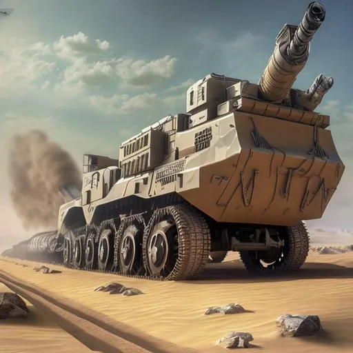 Prompt: desert, tracked vehicle, huge, massive, long, train, army tank, cranes, tank cannons