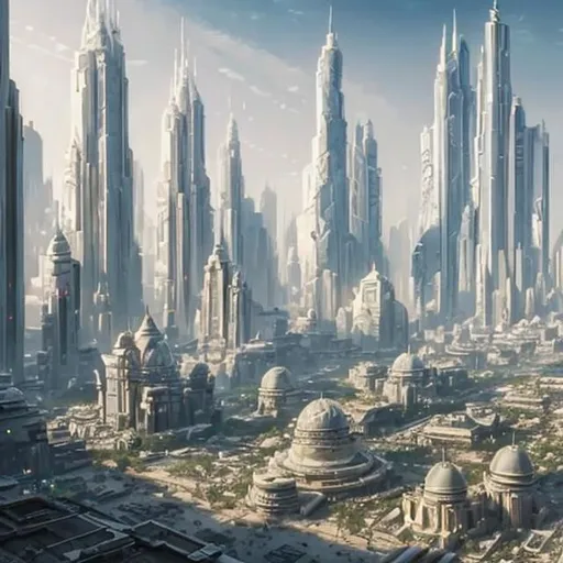 Prompt: White celestial Coruscant city with white skycrapers with lot of plants realistic oil paint