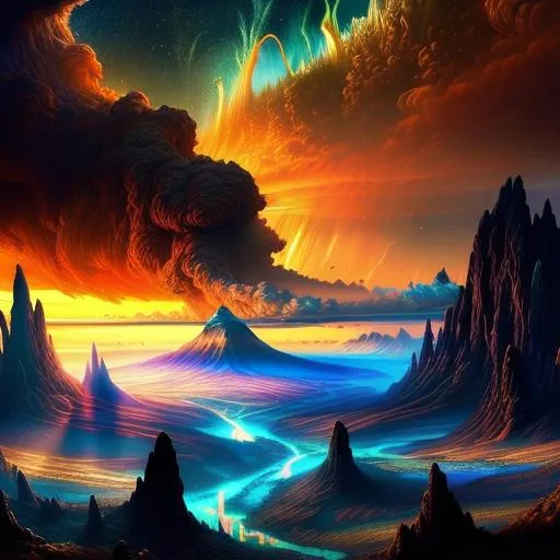 Prompt: Highly detailed fantasy planet landscape, clouds, stars, planets, waterfalls, nebulae, mystical, light shafts, massive storm cell on horizon, golden hour, erupting volcano, lava, fire, heat lightning, pyroclastic cloud, electric-blue highlights, trending on artstation, beautiful, tonemapping, fantasy art, digital painting, hyperrealism, hyperdetailed, landscape, photorealistic, dramatic lighting, ray tracing, vibrant, full shot