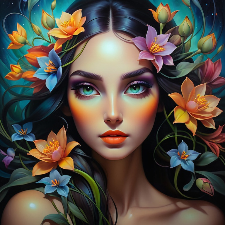 Beautiful hybrid woman with flowers sprouting from... | OpenArt