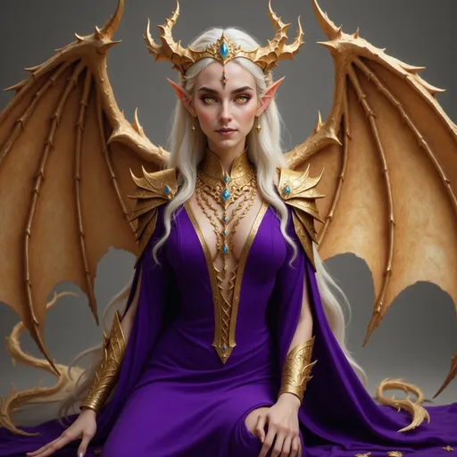 Prompt:  @VITLFRBSebJkkO8huw5E purple clothes, large crown, lots of jewelry, gold dragon wings