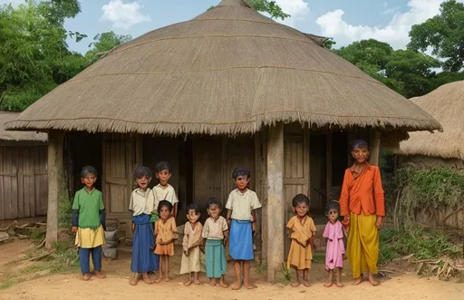 Prompt: Visualize a humble village setting with small, thatched-roof houses.
Picture a young boy named Ramu, dressed in worn-out clothes, standing near his modest home.
Depict Ramu's family, consisting of his parents, four older brothers, and two younger sisters, gathered around him.
Show the worried expressions on his parents' faces, reflecting their constant struggle to make ends meet.
Illustrate the scarcity they face, including a glimpse of their meager meal with a shortage of bread on the table.