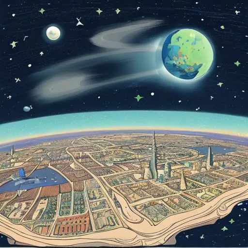 Prompt: Illustration of a city on a planet in the style of the little prince of  Antoine de Saint-Exupéry