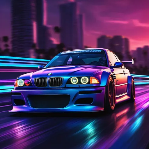 Prompt: 2001 BMW M3 E46 GTR, synthwave, aesthetic cyberpunk, miami, highway, dusk, neon lights, coastal highway, dusk, neon lights, coastal highway, sunset, drift, nurburgring, water on the road, blade runner, 64k, watercolor, macro sharp focus, 8, hyper realistic, cinematic, highly detailed, photoraelistic, clean, action scene