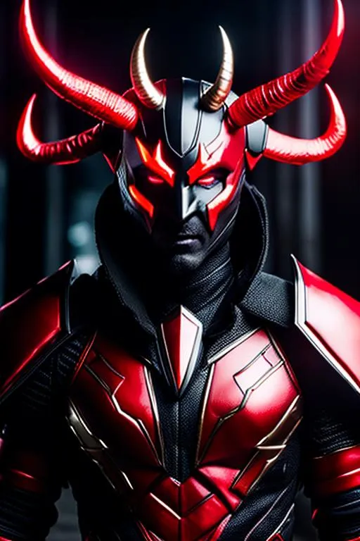 Prompt: Photorealistic Devil man, Red Skin and eyes, Black markings on face and body, Black horns with red tips, Red and Black Leather Style Armor, Intricately Detailed, Hyper Detailed, Hyper Realistic, Volumetric Lighting, Beautiful coloring and face detail