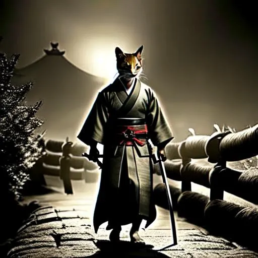 Prompt: A samurai kitten, carrying sword, wearing kimono, Somber look, walking through battlefield, dark lighting, 