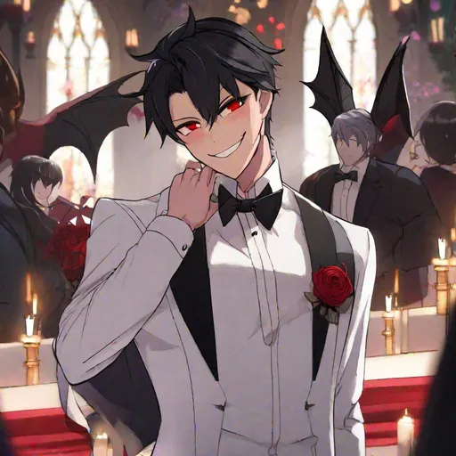 Prompt: Damien  (male, short black hair, red eyes) demon form, wearing a tuxedo, standing at the altar, grinning seductively
