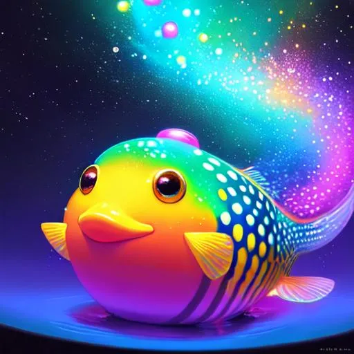 Prompt: fantasy oil painting (((colorful fat pufferfish playing tuba))) (((wearing tophat))) (((bubbles))) (((neon))) cyberpunk surreal, Disney, pixar, (rainbow), space, illustration, neon, high detail, intricate, elegant, by Jeremy Mann, artgerm, Rutkowski, and other illustrators, intricate details, face, full body portrait, headshot, illustration, UHD, 4K