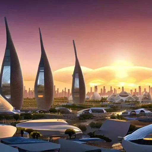 Prompt: future city, in Afrika, rounded and spikey architecture, sunset, Europeans architecture but future