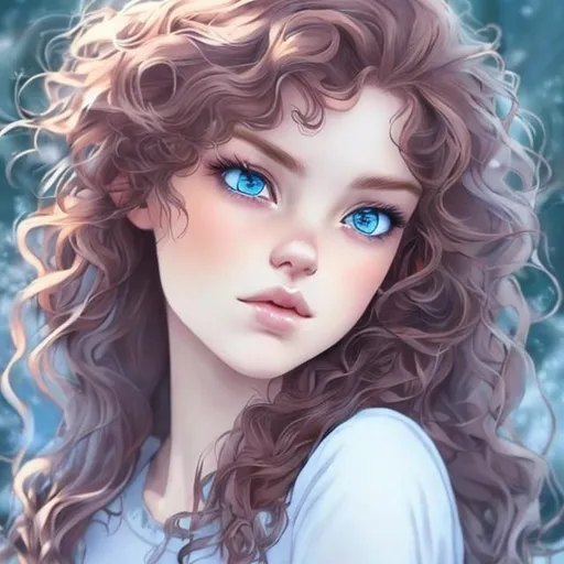 Prompt: Gorgeous woman, beautiful, semi realistic anime style, curly reddish hair, icy blue eyes.