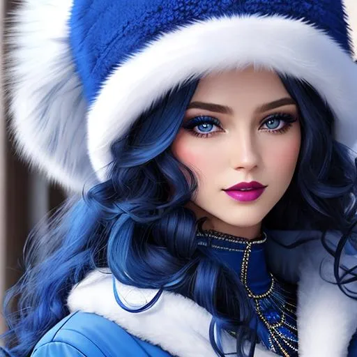 Prompt: Lady all in blue, Long  very curly , full hair, sapphire blue eyes, face front, blue fashion, fur hat and coat, pretty makeup, blue eyeshadow, dark pink lipstick