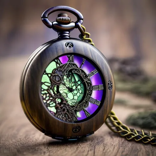 Prompt: Fantasy pocket watch. Wood and metal construction with a glowing purple-green crystal shard embedded in the movement. More wood