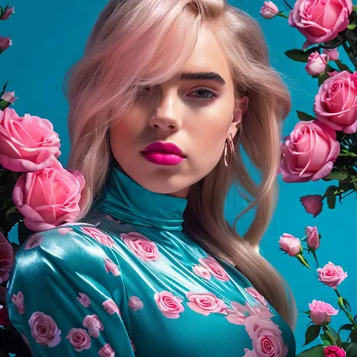 Prompt: full body, rosegold, light skin, normal, kiss, ombre  light pink shiny lipstick, shiny, fresh ,  Love, pink, pink dress, nails, rose, blush, makeup, eyelashes, doll, barbie, nail polish, soft, feminine, necklace, earrings, Dua Lipa, fair skin, light lipstick, pout, pose, selfie , Masterpiece, top quality,, Best quality, Official art, beautiful and aesthetic, cute, extreme detailed, Abstract, , Colorful, highest detailed, splash_art, simple gold Jewelry, , Beautiful scenery, ink, drawing art, blonde hair, fit, light purple eyes, realistic, 8K

