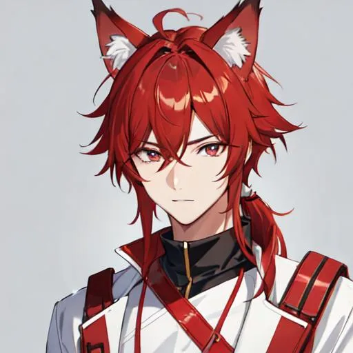 Prompt: male(Red side-swept hair covering his right eye) wolf ears, wolf tail, HD, 8K