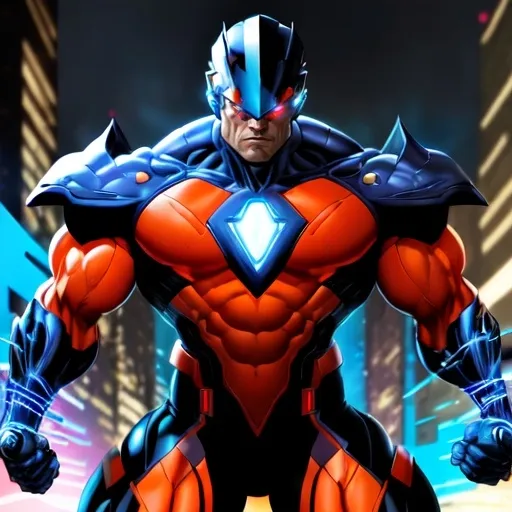 Prompt: Bishop from Marvel Comics, (dynamic pose), muscular build, serious expression, wearing a futuristic armored suit, detailed gloves and boots, (high-tech visor) glowing, (vibrant colors) with deep blues and fiery reds, (electric energy) surging around him, striking a heroic stance, (comic book style) with intricate linework, set against an action-packed urban backdrop, (4K, ultra-detailed).