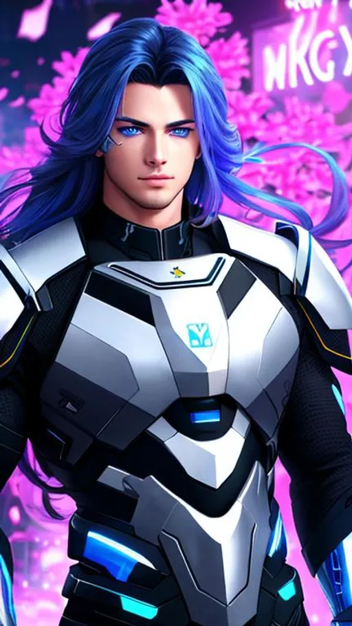 Prompt: Young male cyborg,blue eyes, long  hair, UHD, 8k, he has an eye patch, side view, muscular body, very real, Very detailed, panned out, 32k, his face is visible, waterfall in flower meadow background,neon lights, full body