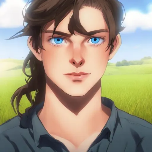 Prompt: young male fantasy farmer with blue eyes and long tied hair