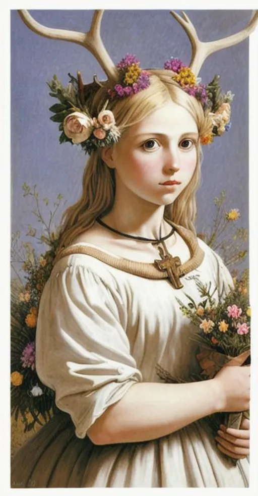 Prompt: Blond girl with flowers in her hair, antlers, crucifix around her neck, wearing a dress, holding a bible, flora growing all around her, in the art style of Artemisia Gentileschi