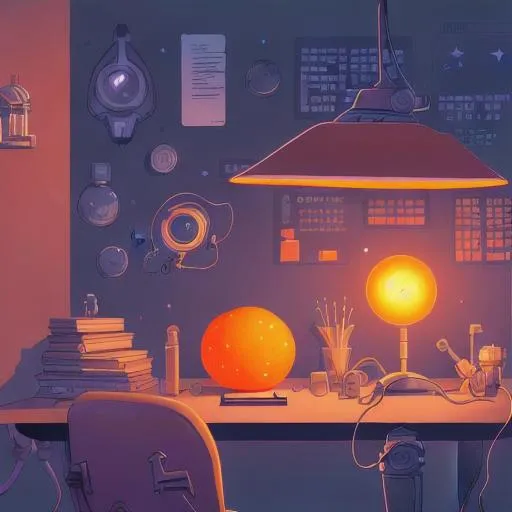 Prompt: An sci-fi-themed illustration of a scientist's cluttered desk featuring a cantaloupe-sized glowing orange rock.