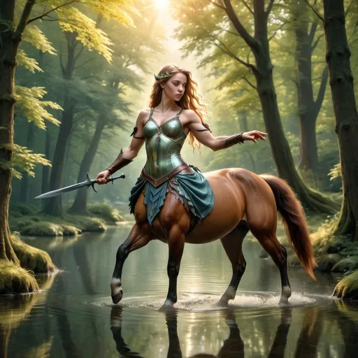 Prompt: Full-body pose, woman centaur, holding daggers, elegant and fierce demeanor, lush forest with dappled sunlight streaming through the trees, tranquil lake shimmering in the background, soft reflections on the water, vibrant foliage, mystical and enchanting atmosphere, cool color tones, reminiscent of fairy tales, enchanted woodland, ultra-detailed, high-quality image, captivating and immersive scene.