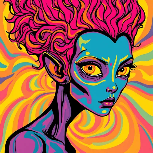 Prompt: Pop art style alien bust, head and shoulders only, bold black outlines, vibrant and contrasting colors, retro comic book aesthetic, large expressive eyes, smooth minimalist features, no visible mouth or nose, dynamic background with geometric patterns or gradients, highly detailed, 500x500px resolution, clean and polished digital art –v 5 –ar 1:1