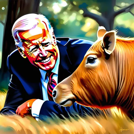 Prompt: Joe Biden meets capybaras, anime style, extremely detailed painting by Greg Rutkowski and by Henry Justice Ford and by Steve Henderson 