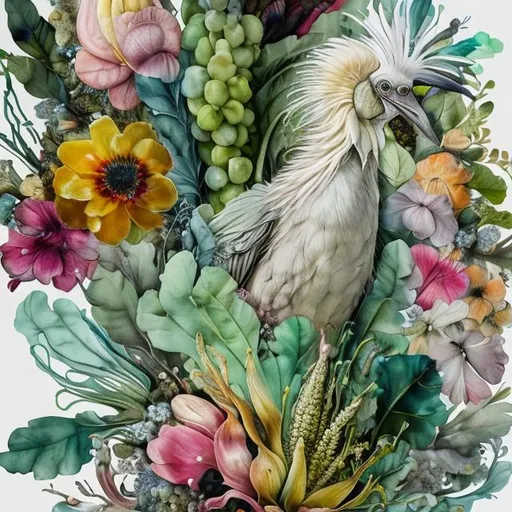 Prompt: "florals in soft watercolors in alcohol ink amongst Giuseppe Arcimboldo Tall Bird Exotic Deep Greens with Aquas & Teals Black Background with White Highlights"