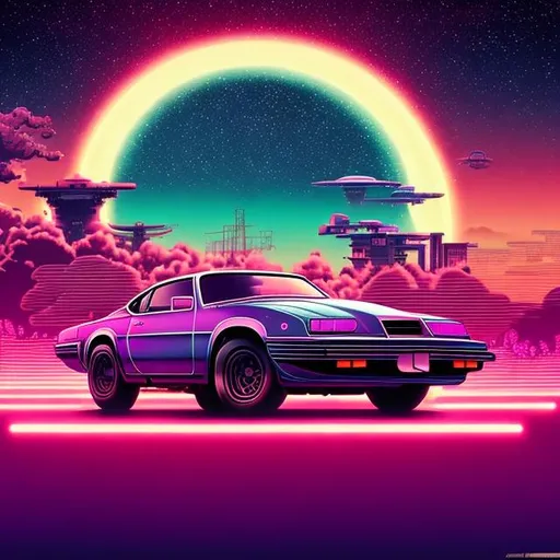 Prompt: retro car scene, imperial japan, retrowave, neon, synthwave, vaporwave, highly detailed, galaxy sky, cosmos