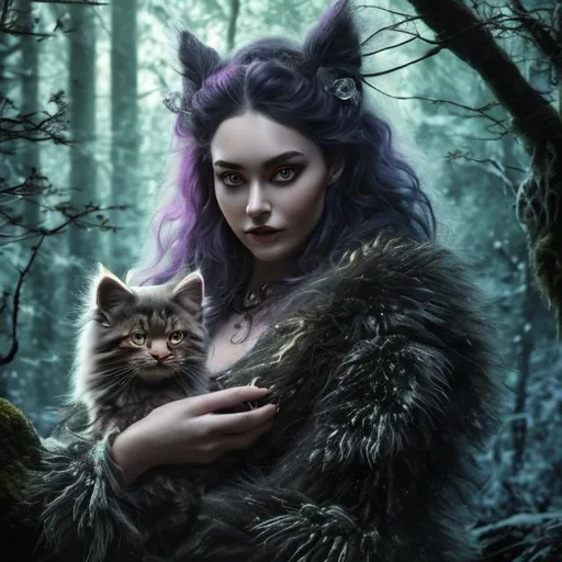 highly detailed woman with norwegian forest cat into dark forest making witchcraft witch of forest