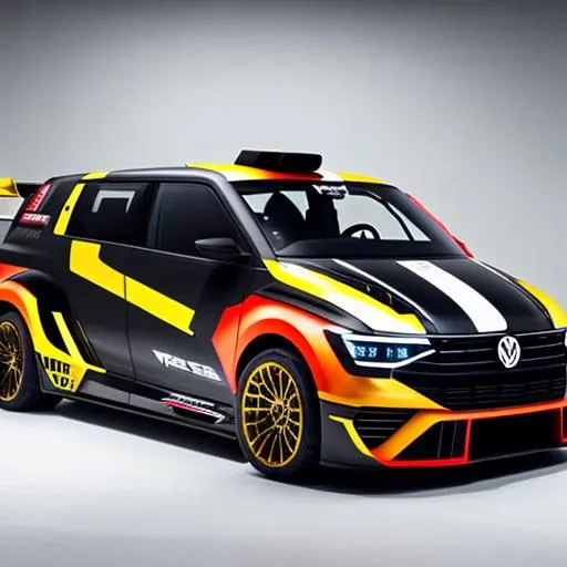 Prompt: Specced out rally version of the vw transporter, with a v12 in the back, with an enormous and complicated tear wing