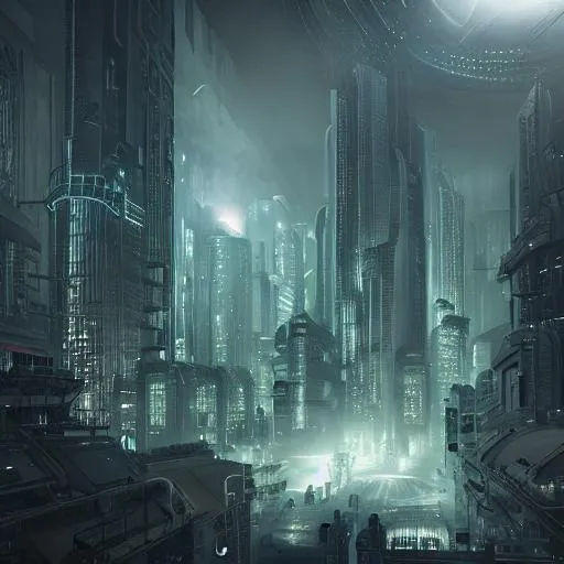 Prompt: futuristic dystopian city at night, dark green mist,
Dark fantasy digital art, highly detailed, intricate, sharp focus,  deviantart, unreal engine 5, ultra-detailed and ultrarealistic
