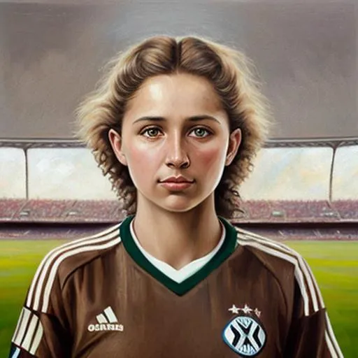 Prompt: of a brown hair soccer star woman, daughter of albert einstein, oil painting ultra high detail, cinematic