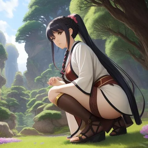 Prompt: close-up, dnd character, anime style,  isekai,  very gorgeous, stunning body, shrunken-sized japanese woman, aged 23, with  long hair, close-up,  braided ponytail hair, giant-sized landscape, giant-sized trees, giant-sized flowers, giant-sized grass, giant-sized rocks and pebbles, giant-sized insects,  gigantic-sized orchids, detailed eyes, red lipstick, depth of field, hyperdetailed painting, , 4k resolution concept art portrait by Greg Rutkowski, Artgerm, WLOP, Alphonse Mucha dynamic, lighting hyperdetailed, intricately detailed, trending on Artstation, vibrant colors, Unreal Engine 5 volumetric lighting ,WLOP, tom bagshaw, hdr
