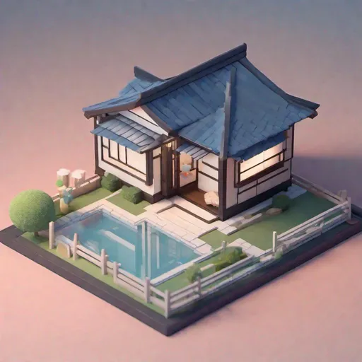 Prompt: Tiny cute isometric japanese house, soft smooth lighting, soft colors, soft colors, 100mm lens, 3d blender render, trending on polycount, modular constructivism, blue blackground, physically based rendering, centered