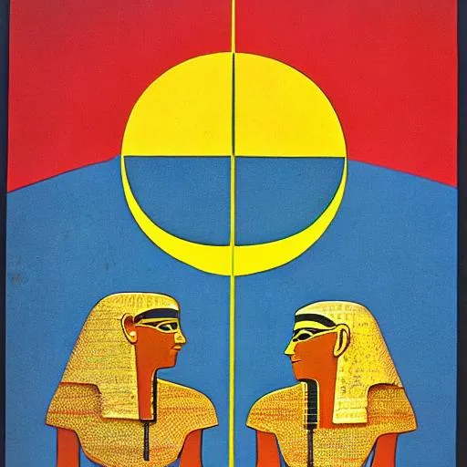 Prompt: 70s poster with moon and mirror, sun and shadow in egypt style