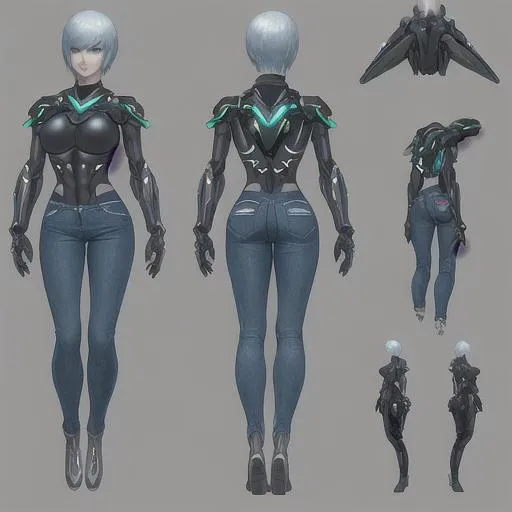 Prompt: Oc, full body, futuristic look, jeans, jetpack, reference sheet, ultra detailed