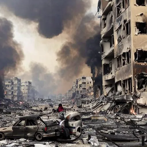 Prompt: War is burning a city, killing residents, destroying buildings, and burning cars