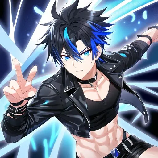 Prompt: Tetsu 1male. Short black with vibrant streaks of electric blue hair that gives off an eye-catching look. Soft and mesmerizing blue eyes. Wearing a black leather jacket with a dark gray t-shirt underneath that adds a subtle contrast to the outfit. Cool and edgy, black skinny jeans. 