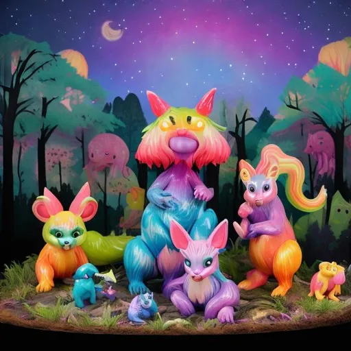 Prompt: Lisa frank style creatures in the forest at night diorama
