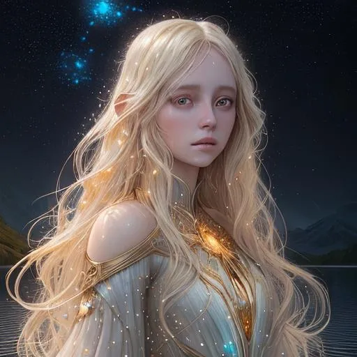 Prompt: Portrait of a beautiful girl surrounded by stars, standing at a lake. Flowing opal blonde hair, surrounded by orbs of gentle pale gold light, detailed matte painting, deep color, fantastical, intricate detail, splash screen, complementary colors, fantasy concept art, 8k resolution trending on Artstation Unreal Engine 5