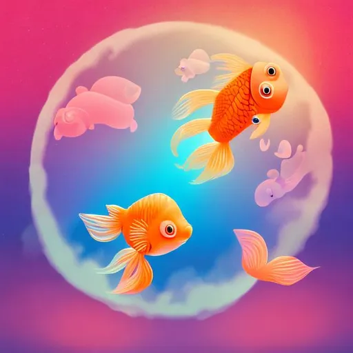 Prompt: glowing pink goldfish in the moon with rainbows
