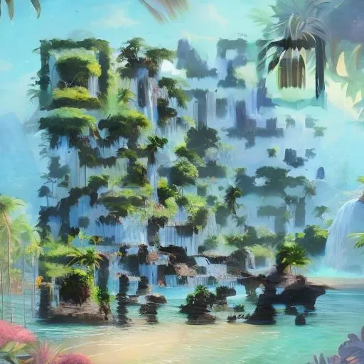 Prompt: a painting of a tropical island, with a waterfall, a matte painting by jordan grimmer, cgsociety, fantasy art, matte painting, unreal engine 5
