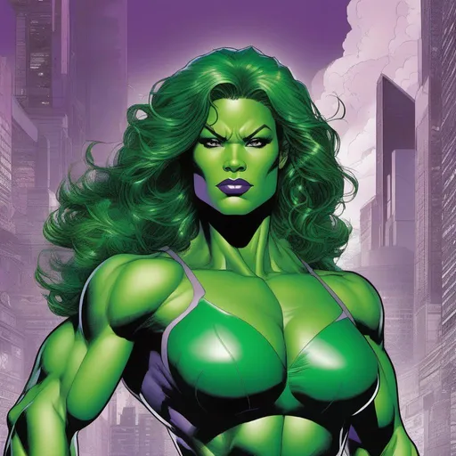 Prompt: ((In the style of Jim Lee)) A stunning and powerful depiction of She-Hulk from Marvel. She stands tall, with her emerald green skin radiating strength and resilience. Her muscular physique is emphasized, showcasing her incredible physical prowess. She wears her iconic purple costume, adorned with the She-Hulk symbol on her chest. The backdrop is a bustling city skyline at dusk, with the buildings casting long shadows on the streets below. She-Hulk's confident smile portrays her as both fierce and approachable.